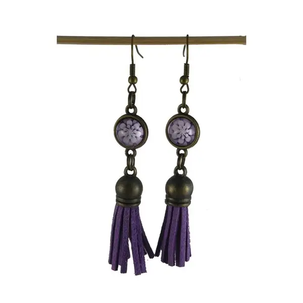 Boucles d'oreilles fleur mauve et pompon simili violet