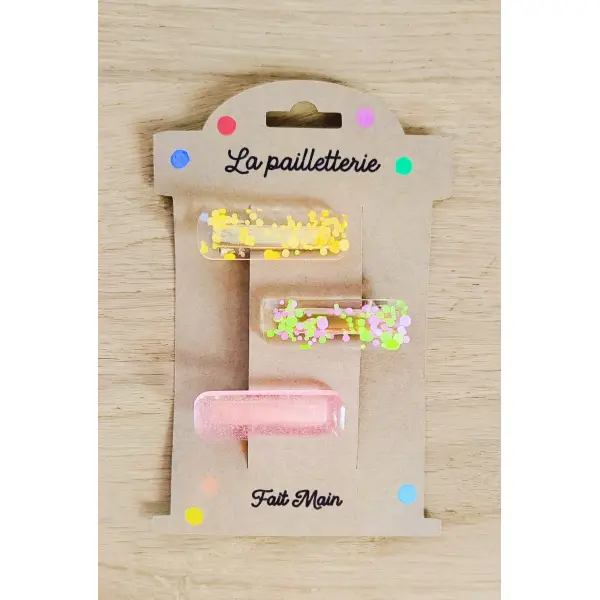 Trio de barrettes pailletées en résine - fait main