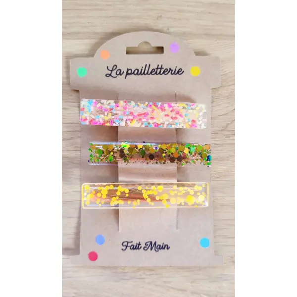 Trio de barrettes pailletées en résine - fait main