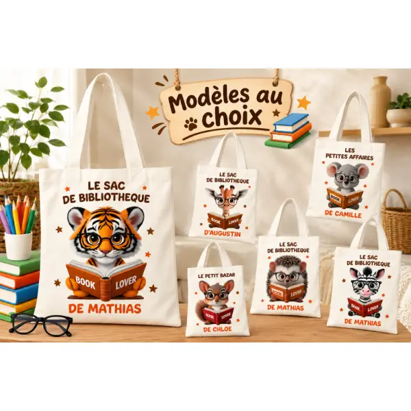 Sac bibliothèque avec prénom - tote bag enfant personnalisé animaux – sac à livres animaux au choix
