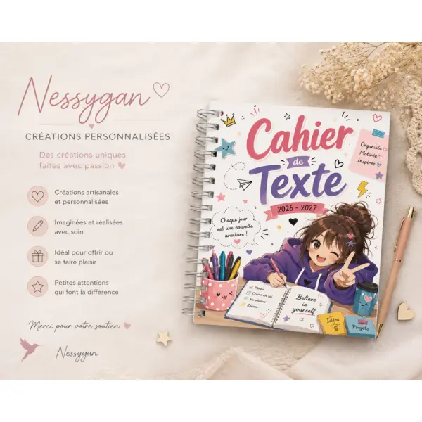 Cahier de texte 2026-2027 fille kawaii