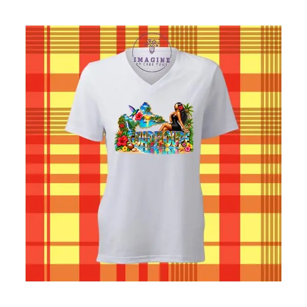 T-shirt personnalisé pour femme - col v - sublimation - impression infusible ink - carte guadeloupe - 971 - tropique