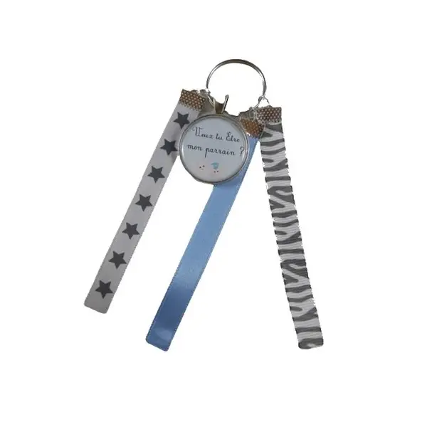 Porte clés bleu et gris "veux-tu être mon parrain ?"