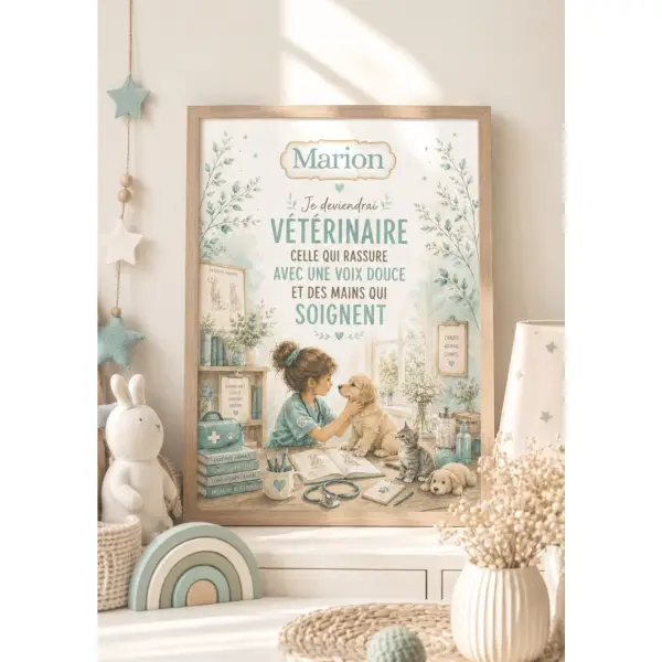 Affiche personnalisée enfant – future vétérinaire – passion des animaux – décoration chambre fille – cadeau personnalisé