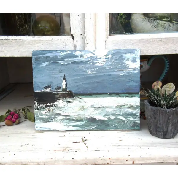 Peinture marine bretagne- phare- à l'huile au couteau sur toile de lin sur châssis : "le gardien des temps"