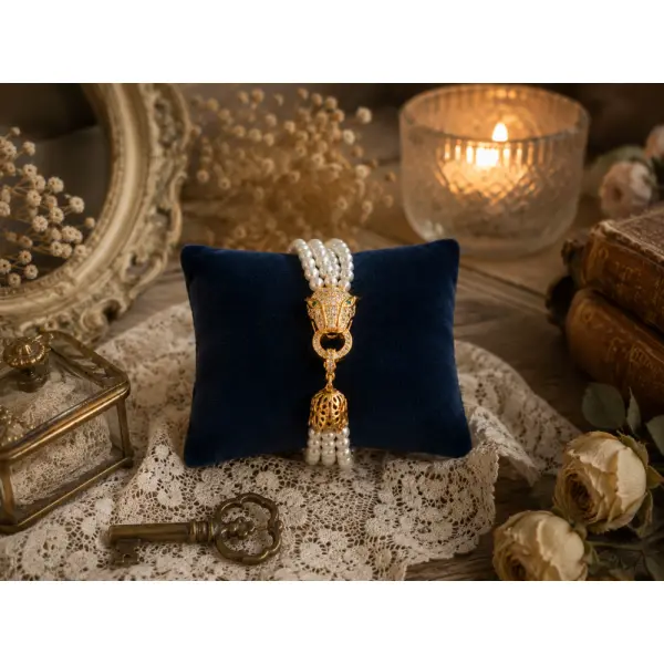 Bracelet femme non ajustable tête léopard strass multiple rangée petite perle blanche nacre nacrée attache clip strass acier inoxydable