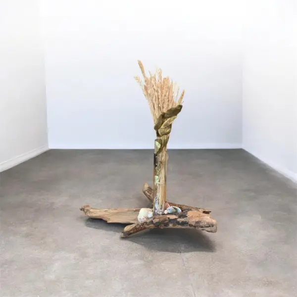 Bois flotté, décoré de coquillages et d'un soliflore en verre et quelques fleurs séchées