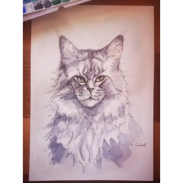 Portrait de chat peint à la main par mes soins main coon typé