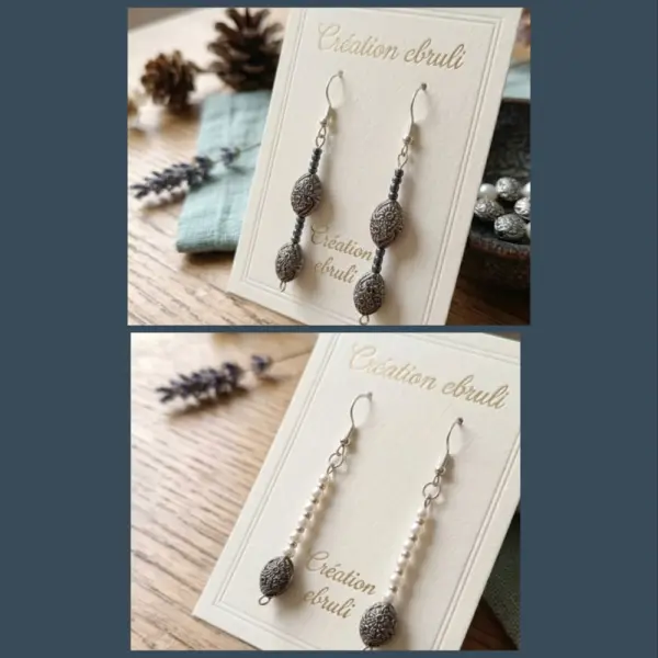 Boucles d'oreilles pendantes perles couleur au choix, fait main, style bohème vintage, vendues par paire