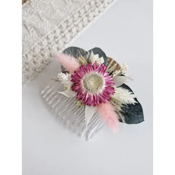 Peigne cheveux fleurs séchées et stabilisées eva, accessoire pour mariée, peigne demoiselle d'honneur, mariage bohème et champêtre