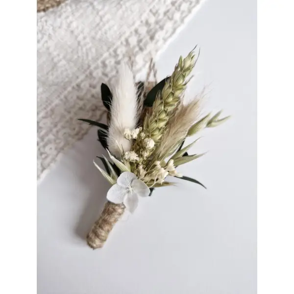 Boutonnière en fleurs séchées stabilisées alba, mariage bohème et champêtre, accessoire pour mariage, cadeau pour témoin de mariage