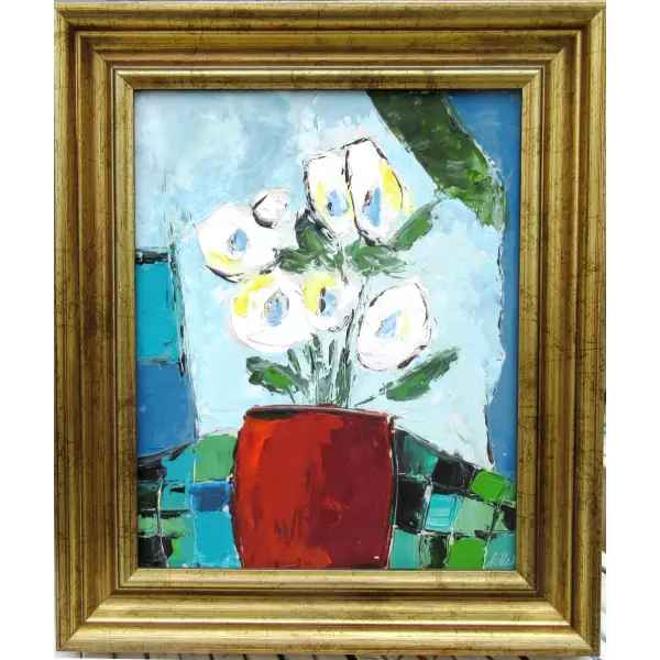 Peinture florale huile au couteau avec cadre "emotions d'un poète