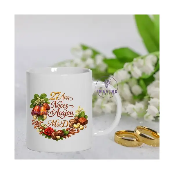 Mug - tasse - sublimation - impression infusible ink - noces d'acajou - mariage - anniversaire - initiales