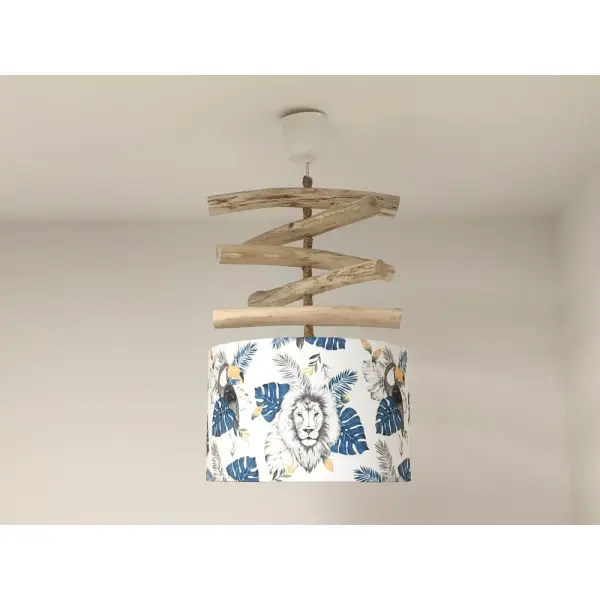 Suspension bois flotté chambre enfant – abat-jour safari lion & toucan, lampe jungle bébé, décoration artisanale française