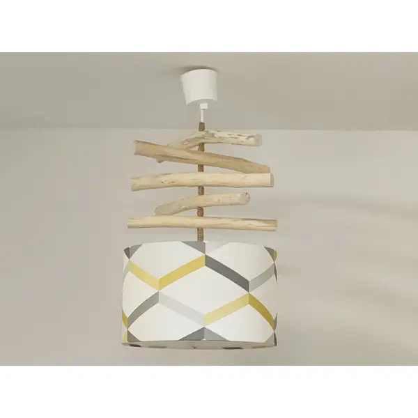 Lustre bois flotté naturel avec abat-jour géométrique jaune et gris – suspension artisanale scandinave décoration maison